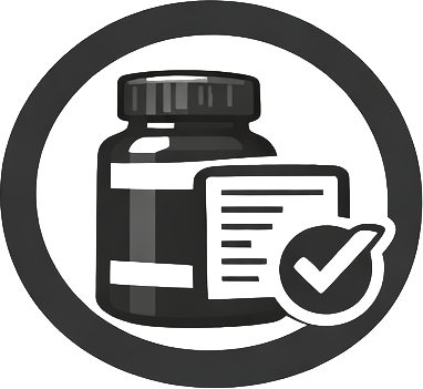 A grayscale icon of a pill bottle with a label and a checkmark inside a circle.