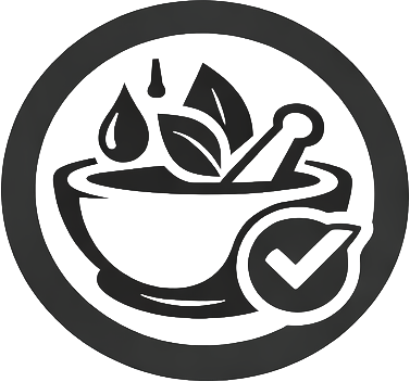 An icon of a mortar and pestle with herbs, liquid drops, and a checkmark.