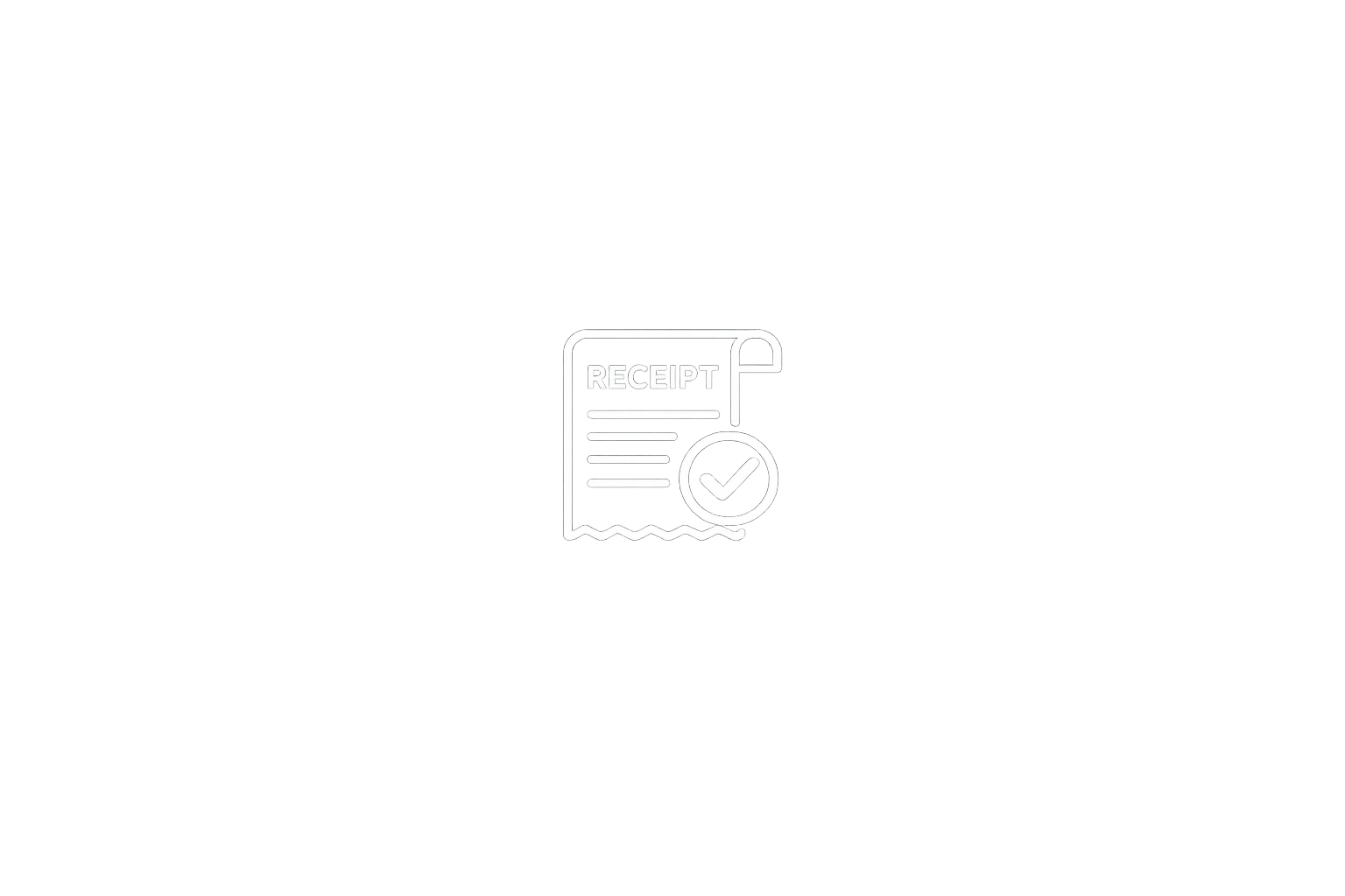 A white line-art icon of a receipt with a checkmark in a circle on it.