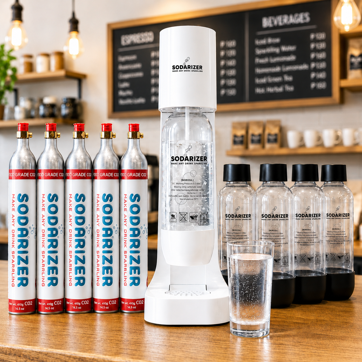 A white Sodarizer machine on a cafe counter with CO2 cartridges, bottles, and a glass of sparkling water.