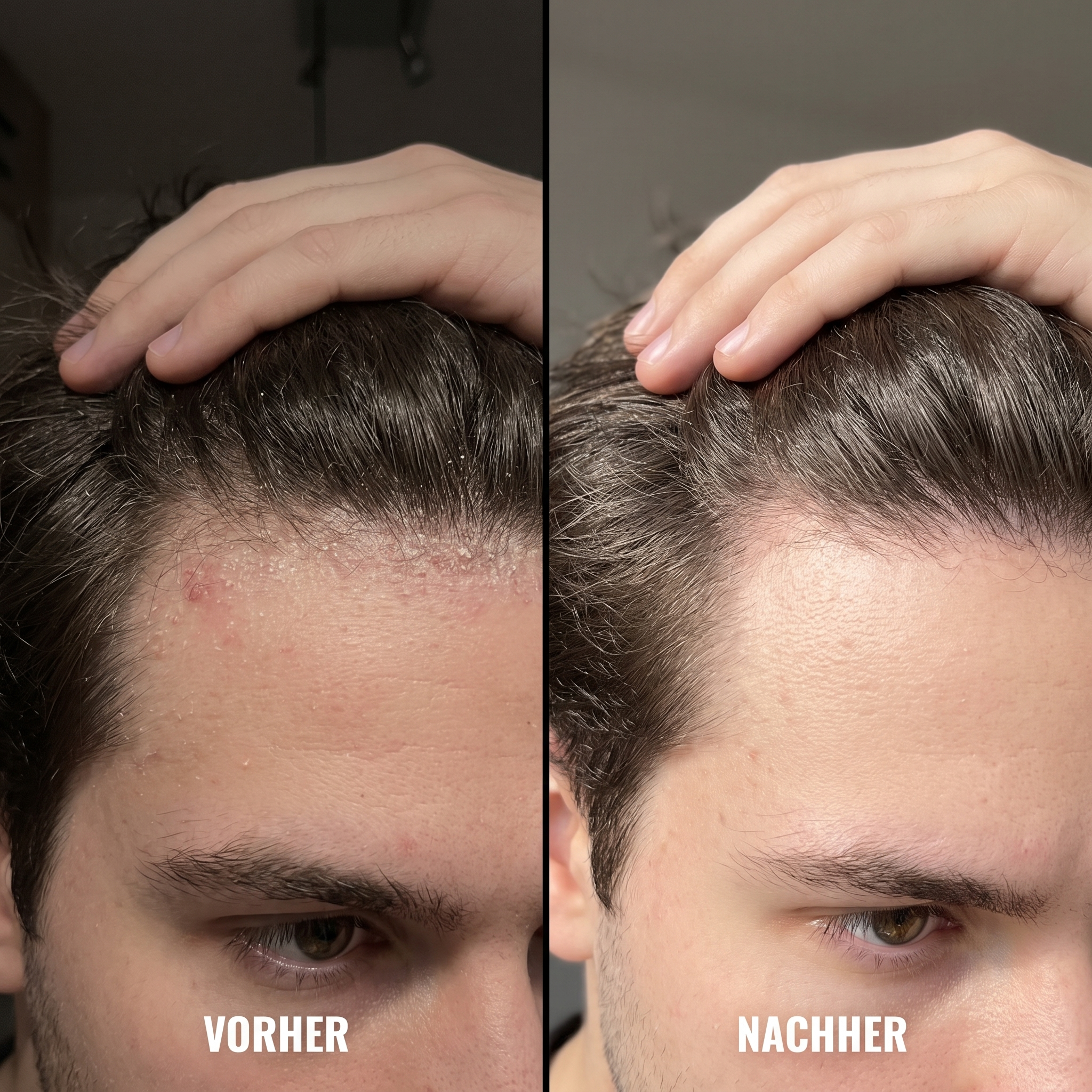 A before and after comparison of a man's hairline, showing the reduction of dandruff and irritation.