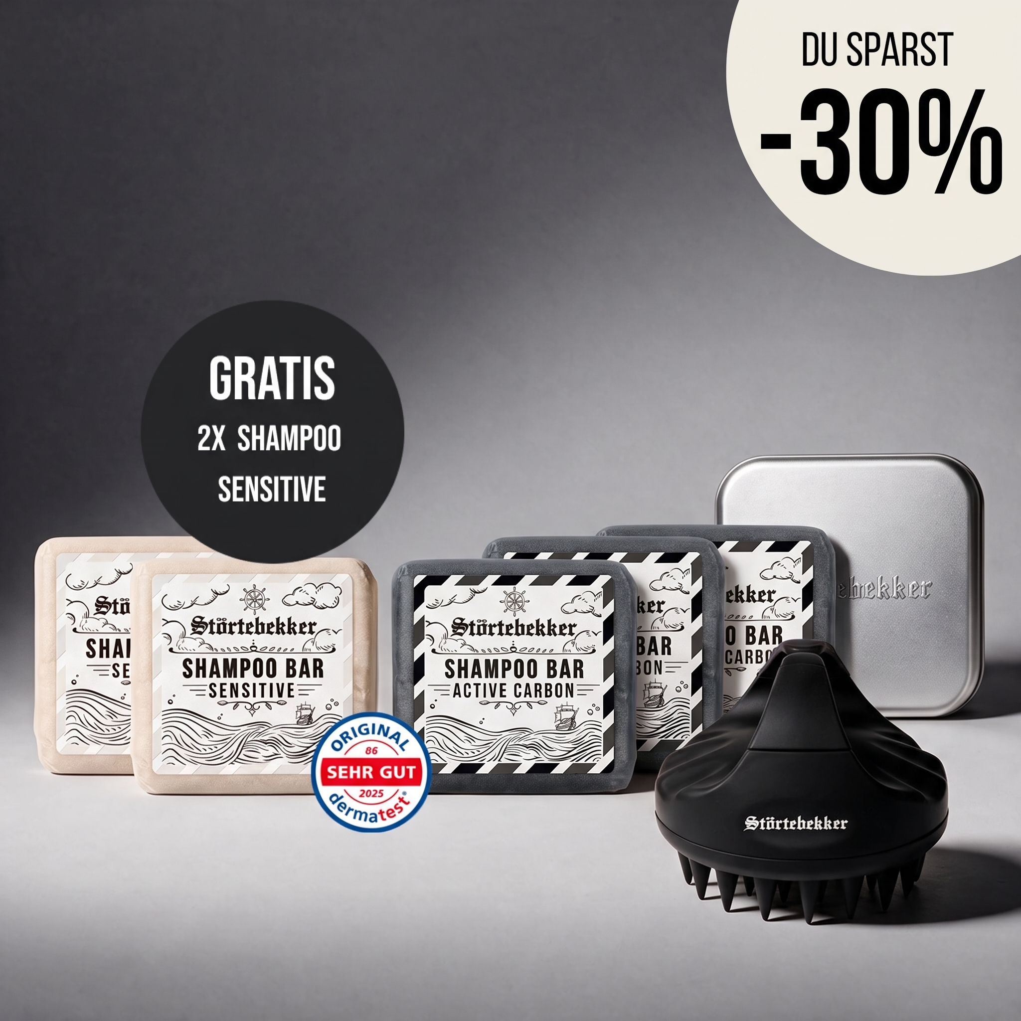 A collection of Störtebekker brand shampoo bars, a black scalp massager, and a silver storage tin.