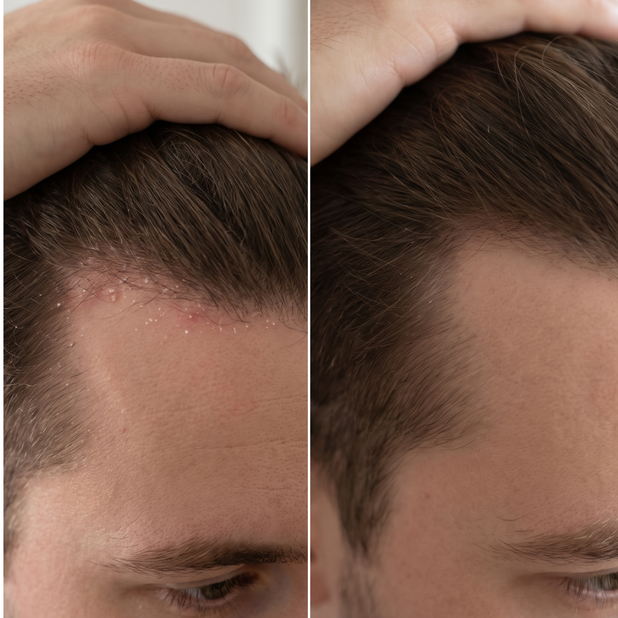 A before and after comparison of a man's hairline, showing dandruff on the left and a clear scalp on the right.