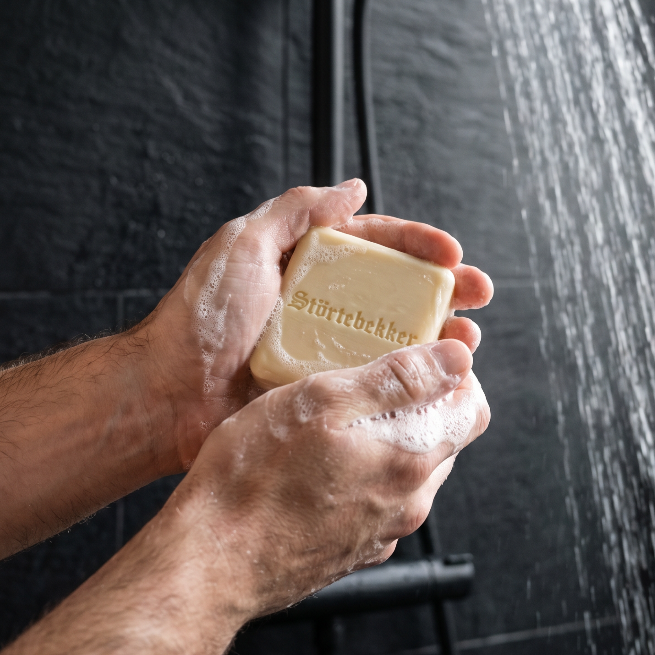 A close-up of a person's hands lathering a bar of soap in a shower.
