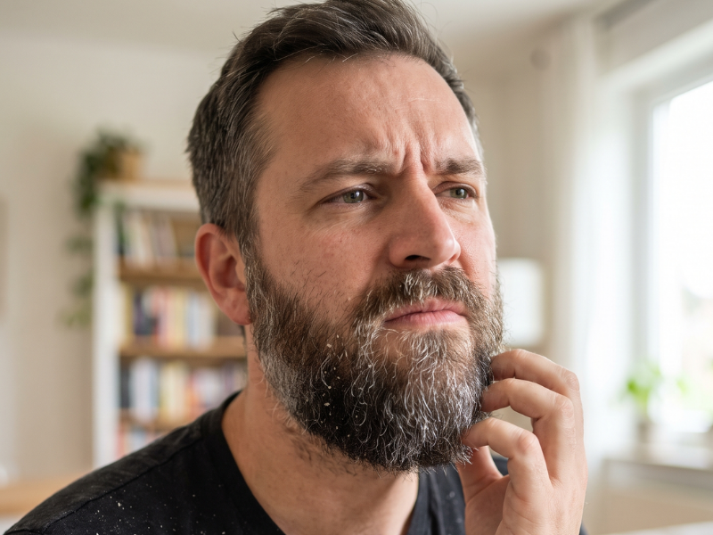A man with a concerned expression scratches his flaky beard, with dandruff on his black t-shirt.