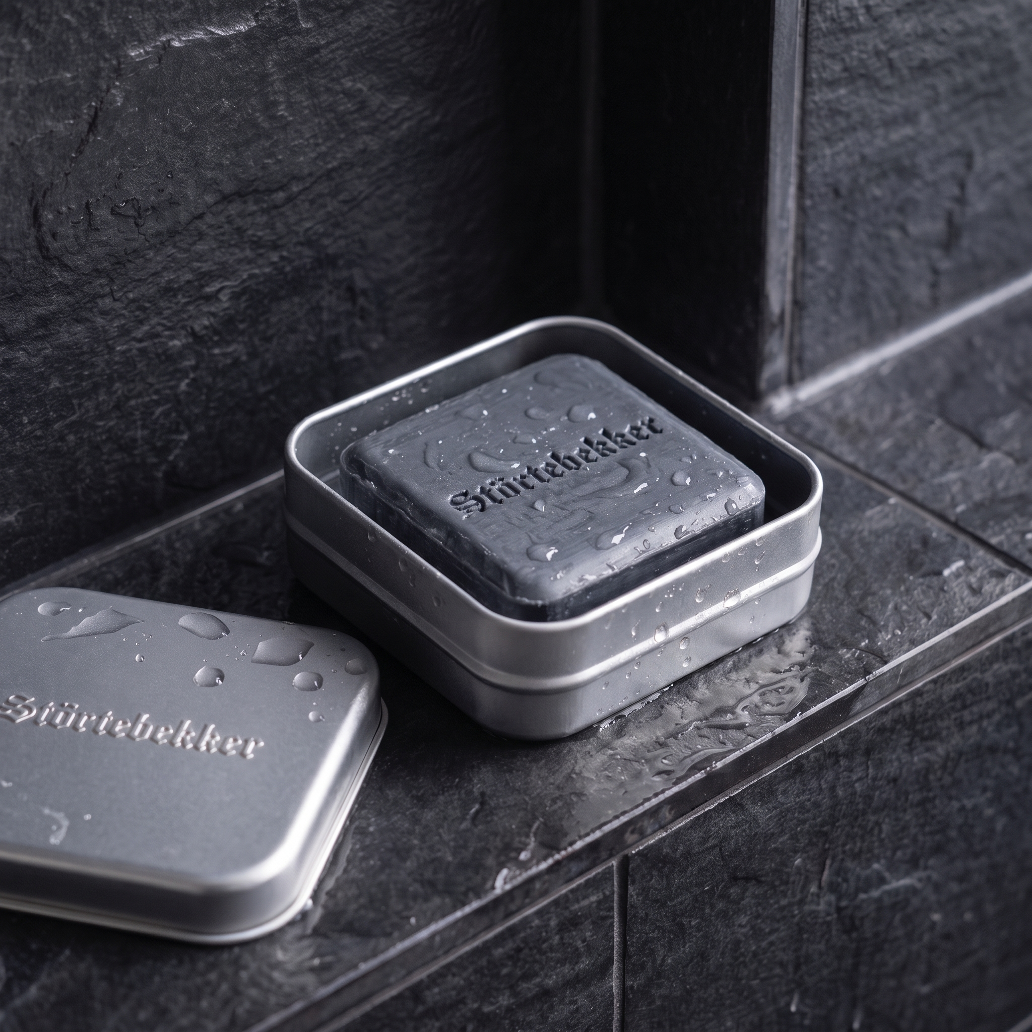 A wet bar of grey Störtebekker soap rests in its silver travel tin on a dark slate ledge.