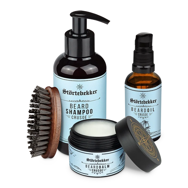 A set of Störtebekker beard care products: shampoo, oil, balm, and a brush.