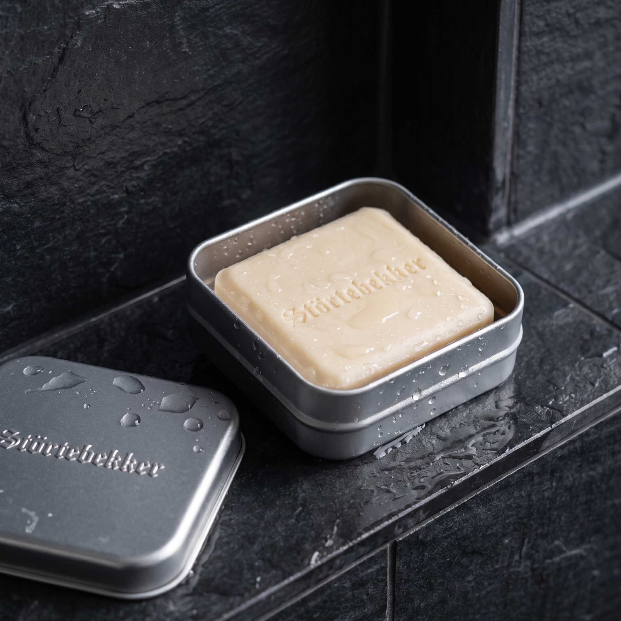 A wet bar of Störtebekker soap sits in its open metal tin on a dark slate ledge.