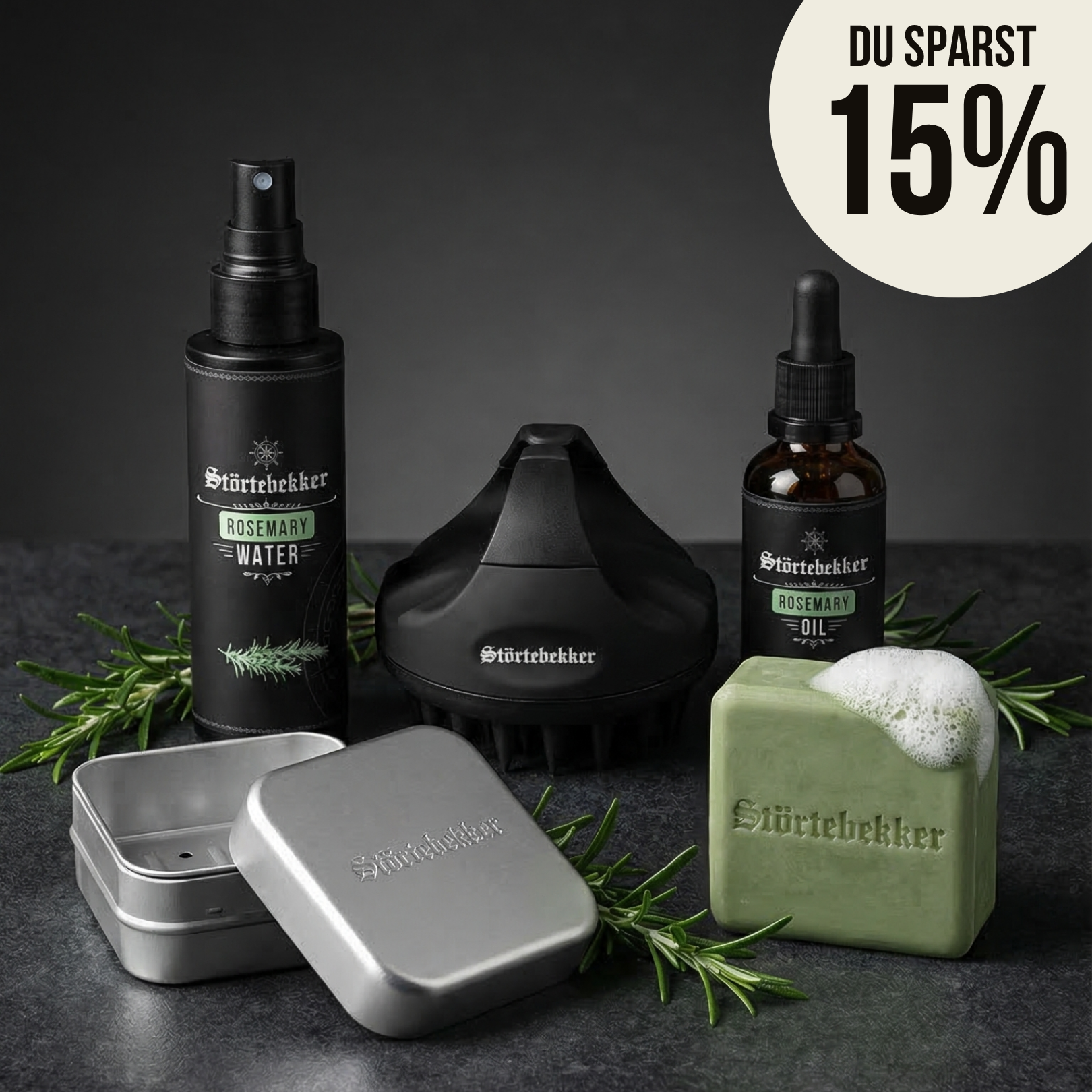 A set of Störtebekker rosemary grooming products including soap, oil, spray, a brush, and a tin case.