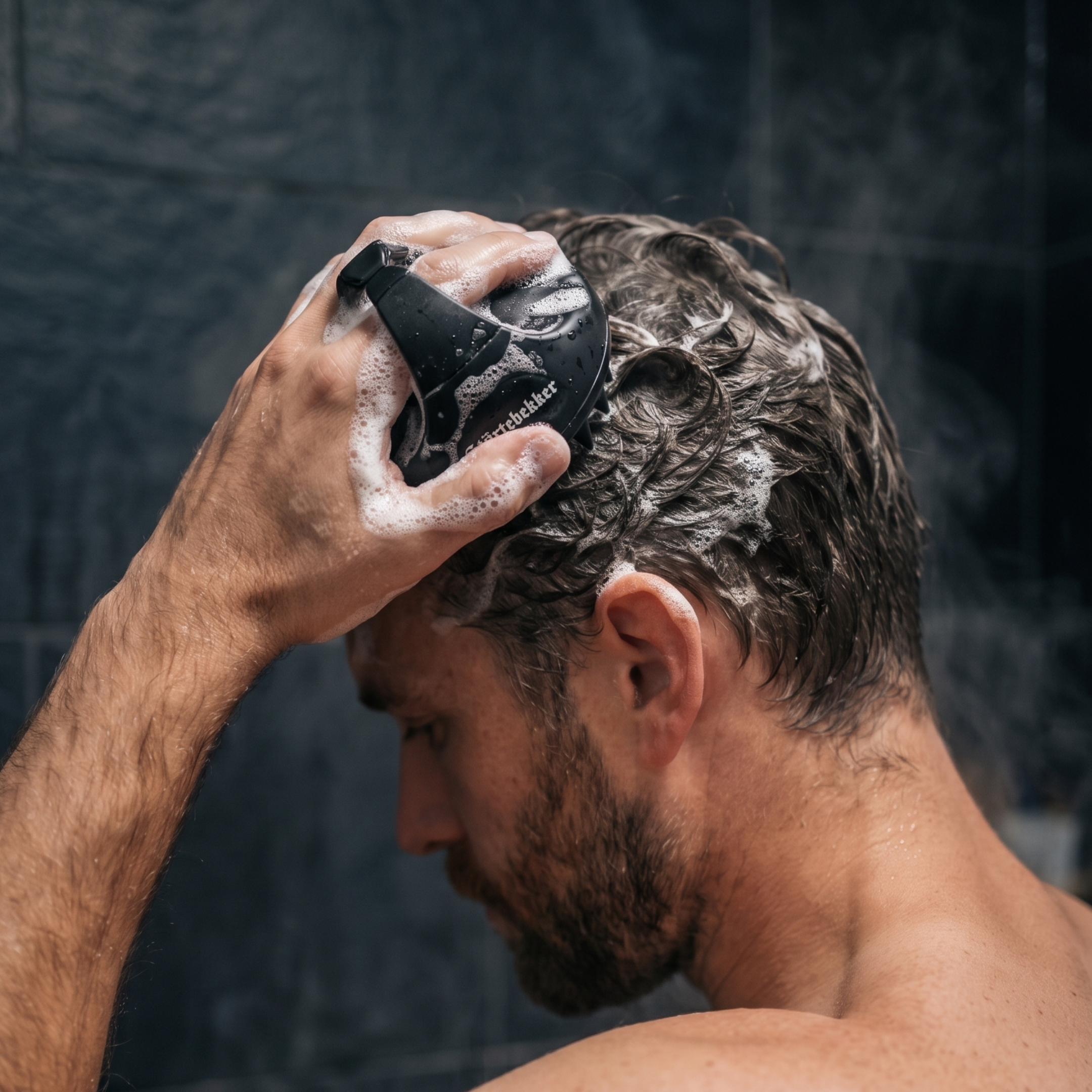 A man with a beard washing his sudsy hair with a black scalp massager in a shower.