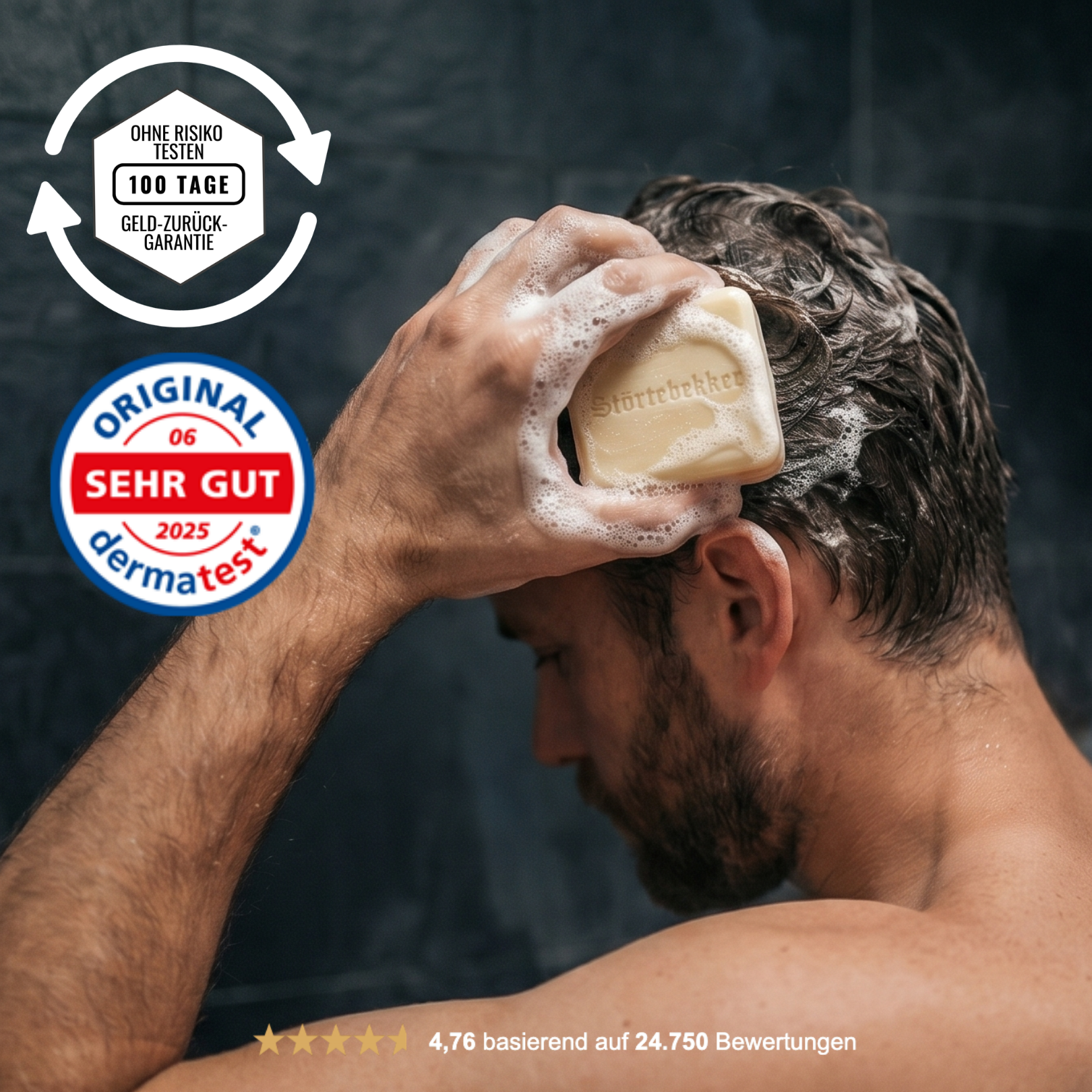 A man in a shower lathers his wet hair with a bar of soap.