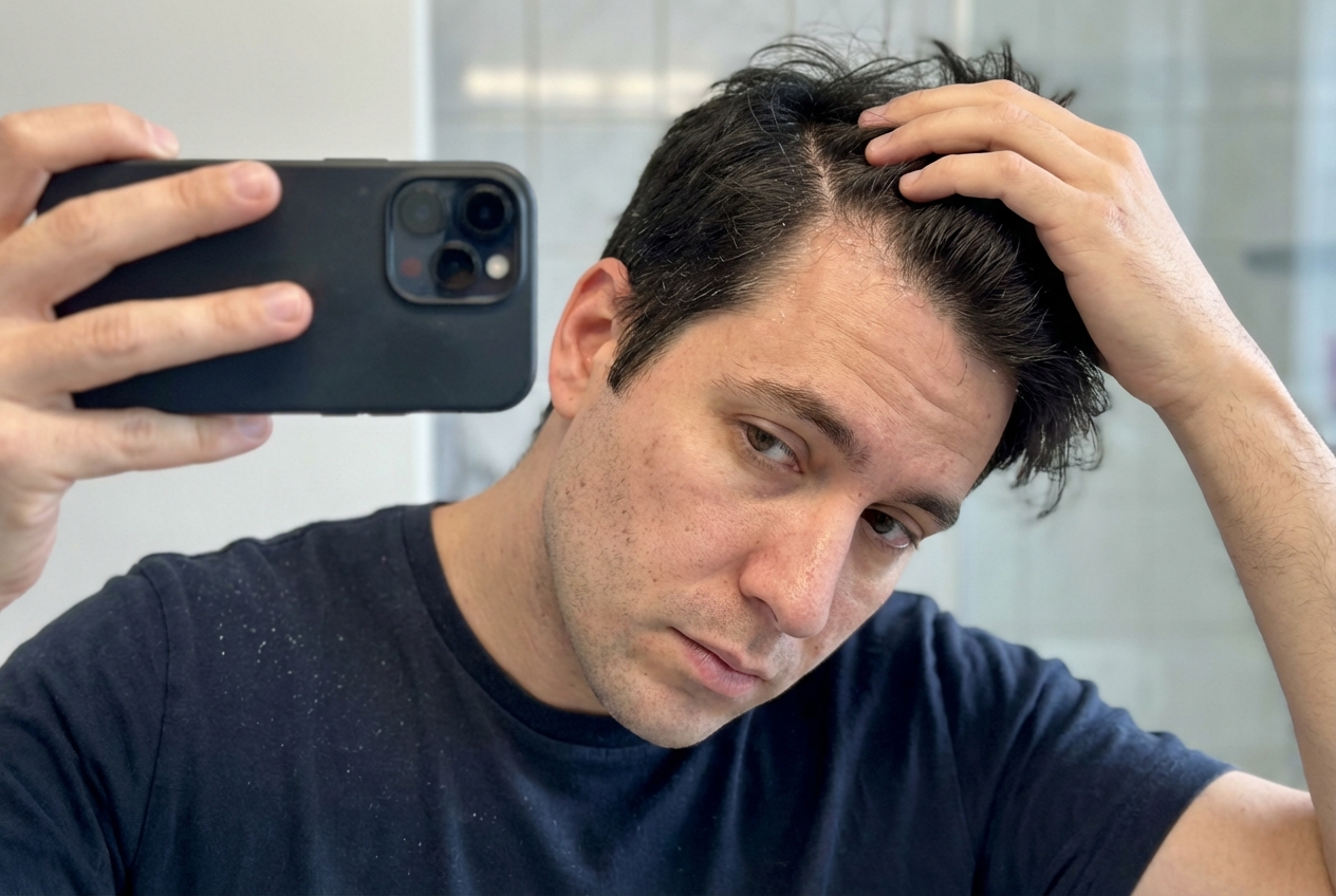 A man takes a selfie in a mirror, examining the dandruff on his scalp and dark shirt.