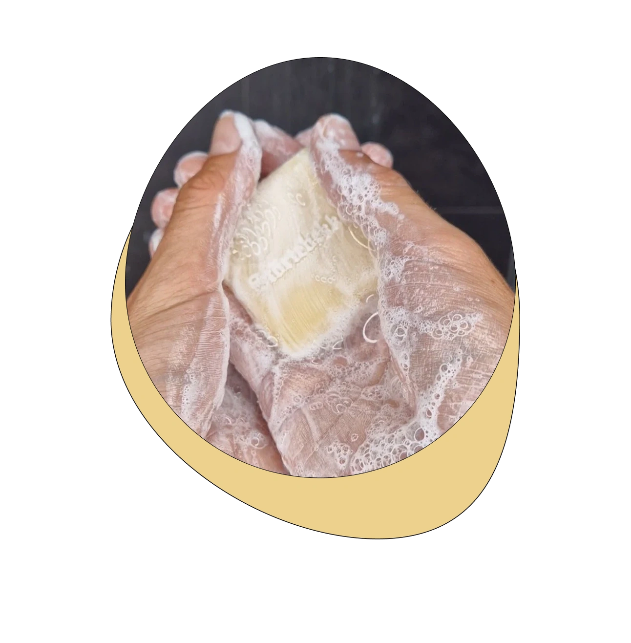 Hands lathering a bar of soap with bubbles.