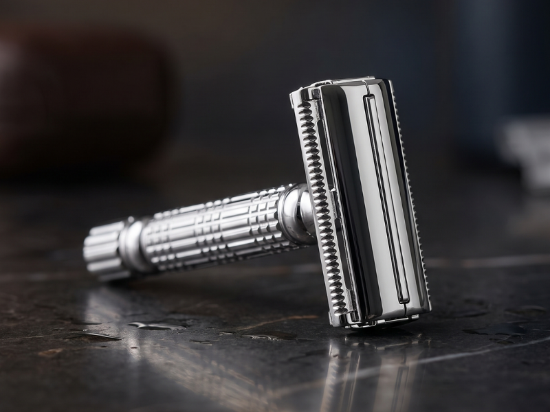 A close-up of a chrome double-edged safety razor resting on a wet, dark surface.