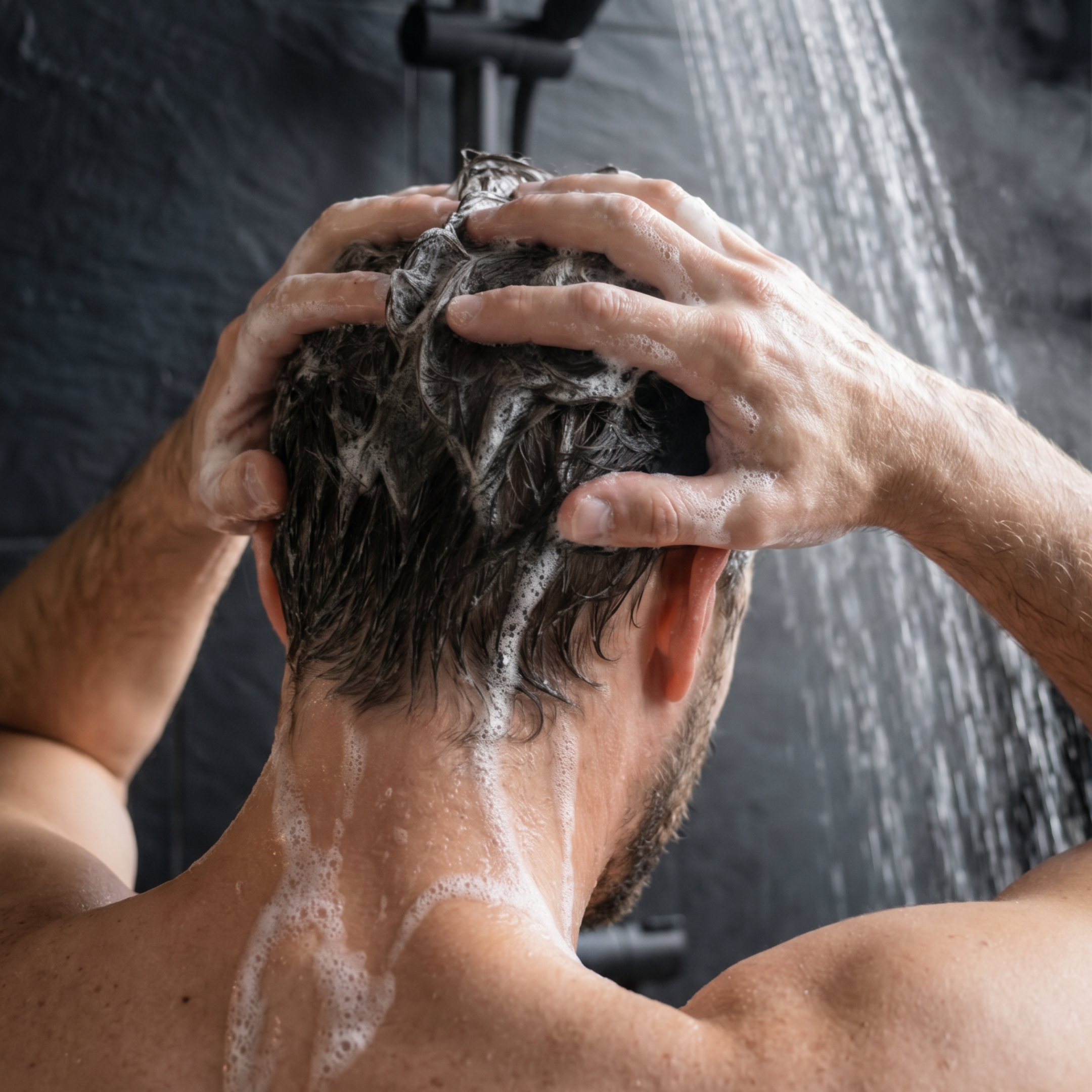 A man seen from behind washing his hair with shampoo in the shower.