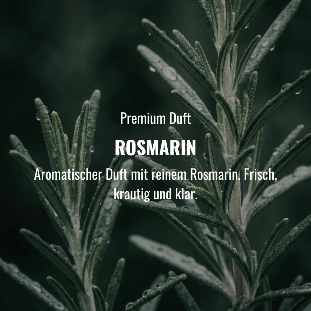 A close-up of fresh rosemary sprigs covered in small water droplets, with text in German overlaid.