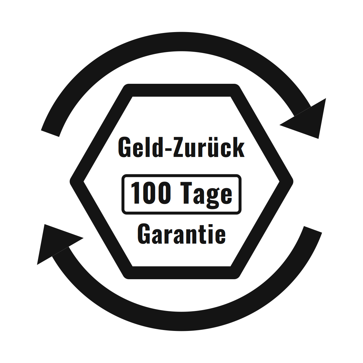 A black and white icon in German for a '100 Day Money-Back Guarantee', with circular arrows.