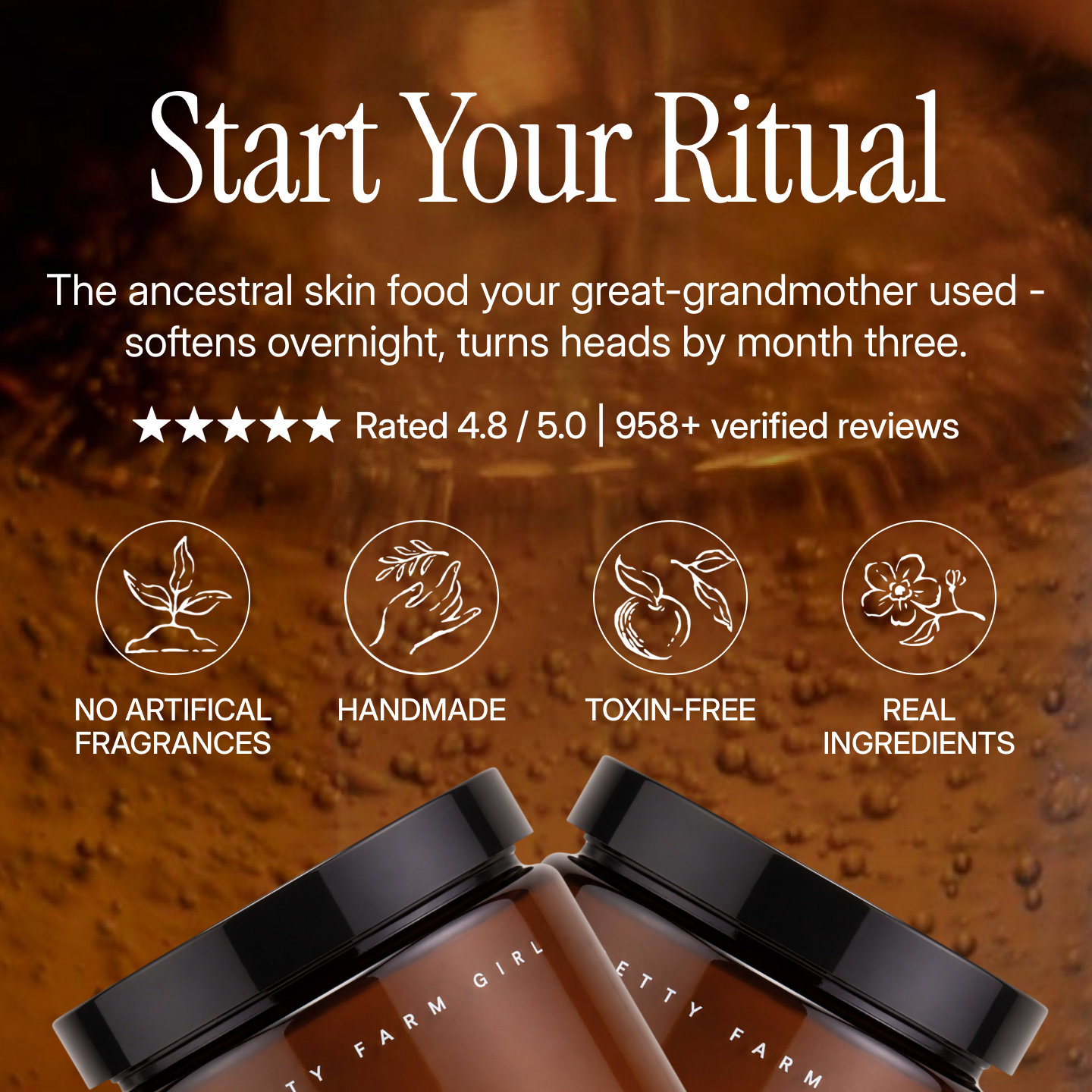 An ad for Pretty Farm Girl skincare showing two jars and promoting its natural, handmade qualities.
