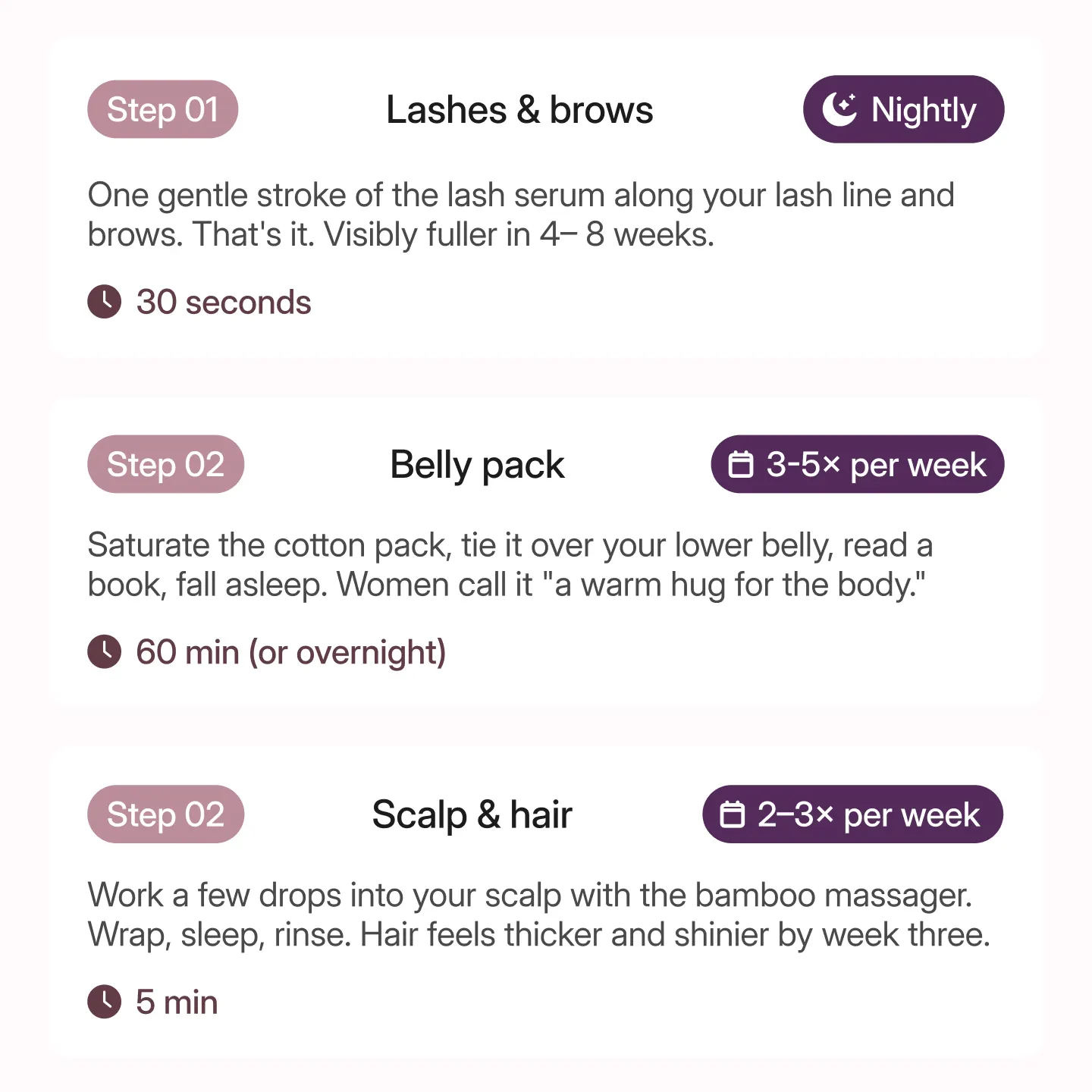 A graphic with instructions for lashes & brows, belly pack, and scalp & hair self-care routines.