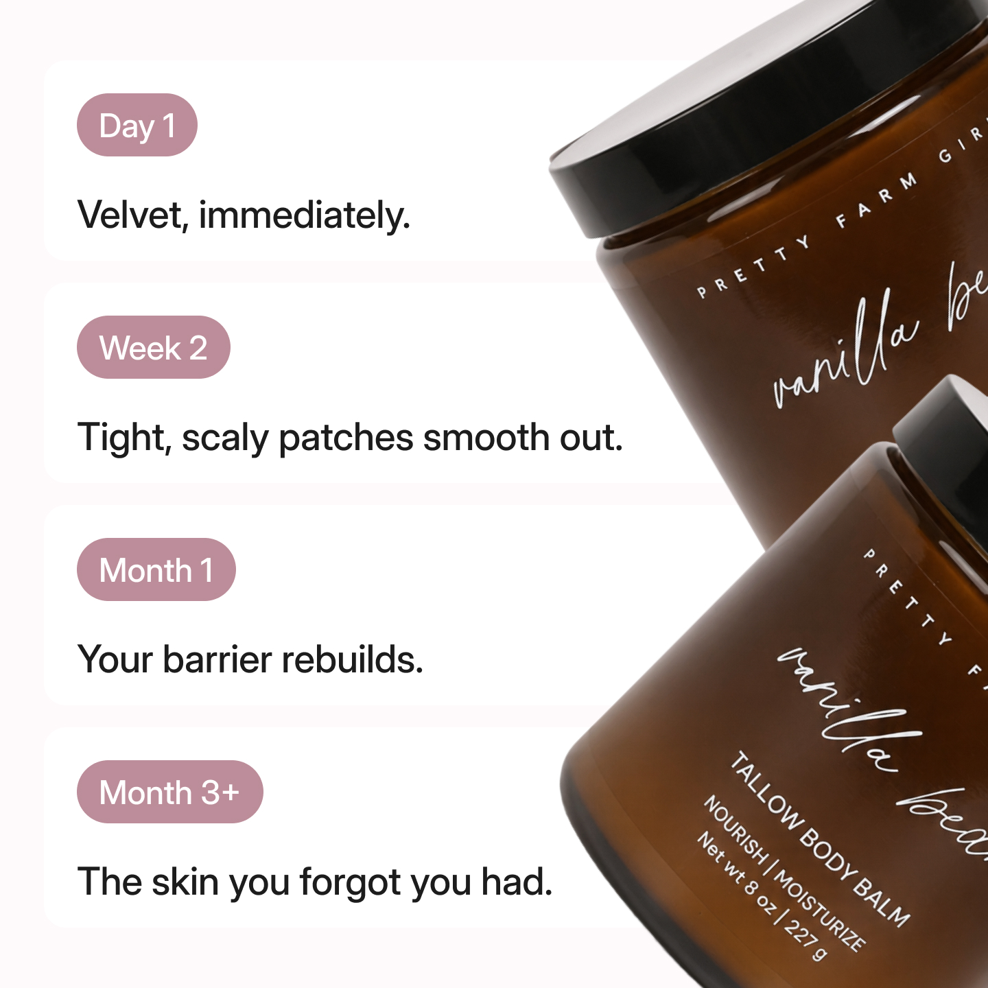Two jars of Pretty Farm Girl body balm next to a timeline of skin benefits.