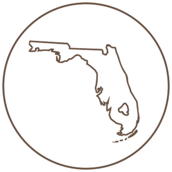 A line drawing of the state of Florida inside a circle.