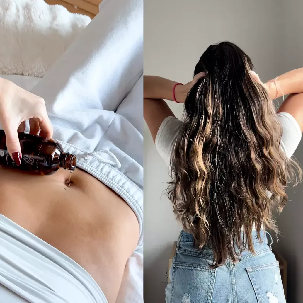A split image showing oil poured on a stomach and the back of a woman with long wavy hair.