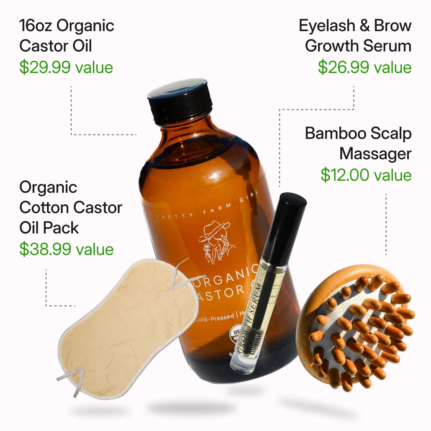 A product shot of castor oil, eyelash serum, a scalp massager, and a cotton oil pack.