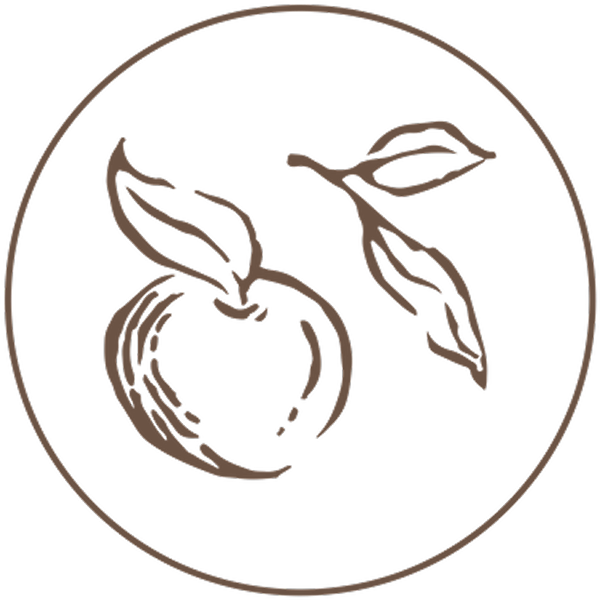 A brown line drawing of an apple and a sprig with leaves inside a circle.