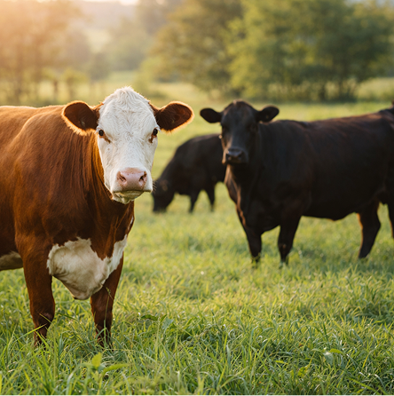 A brown and white cow and several black cows stand in a grassy field at sunrise.