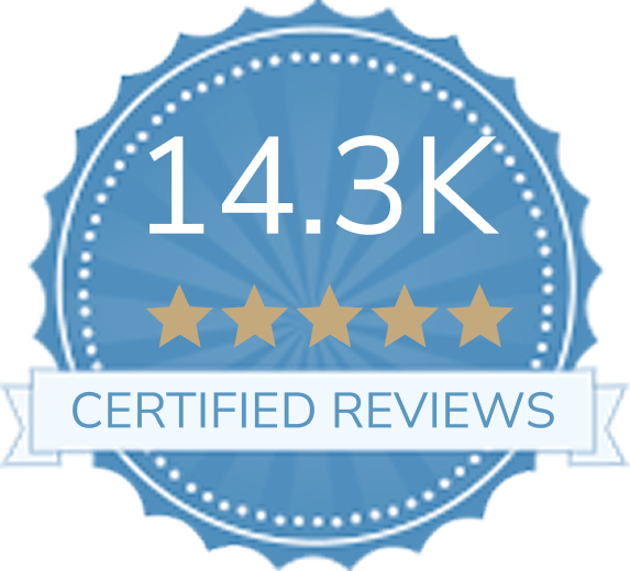 A blue badge with five stars that reads '14.3K Certified Reviews'.