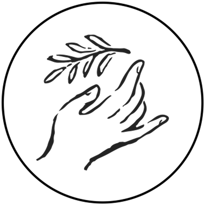 A black and white line drawing of a hand holding a leafy branch inside a circle.