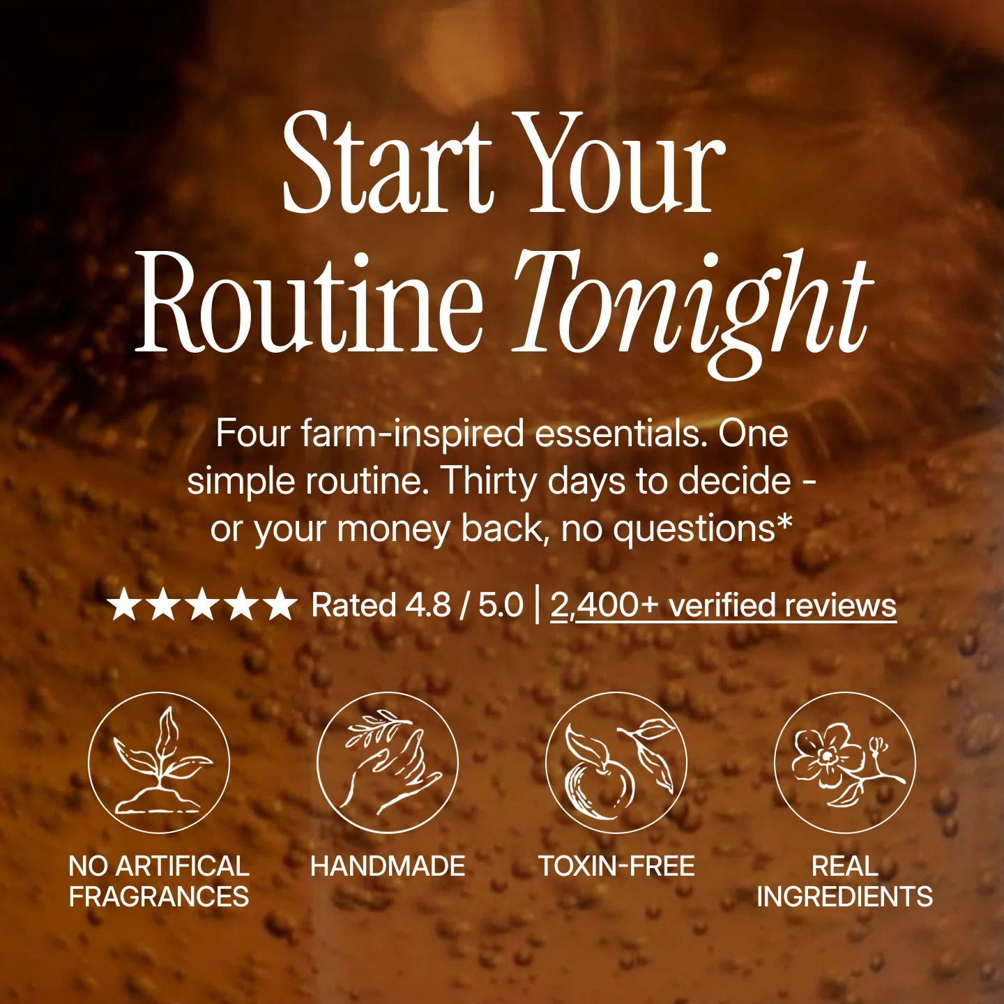 An advertisement for a routine with text, a star rating, and icons over a bubbly brown background.