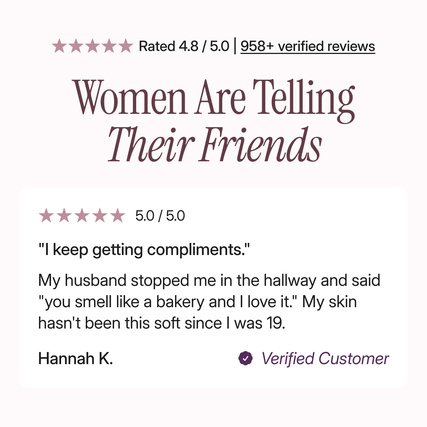 A customer testimonial from Hannah K. rating a product 5 out of 5 stars.