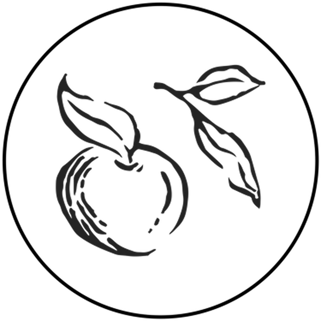 A black and white line drawing of an apple and a leafy branch inside a circle.