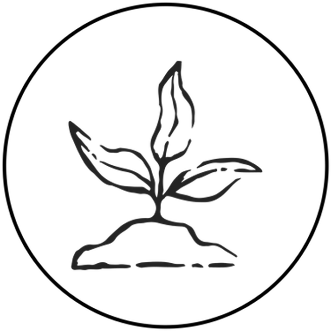 A black and white line drawing of a small plant sprouting from the ground, enclosed in a circle.