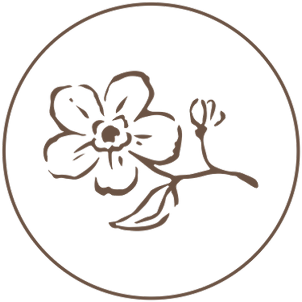 A circular icon with a brown line drawing of a five-petaled flower and buds.