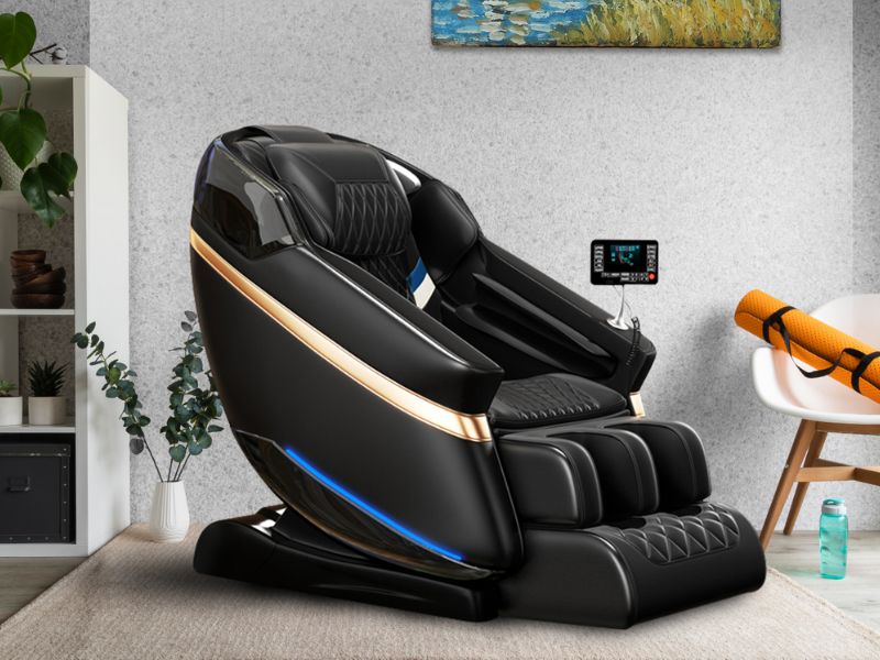 Black massage chair in a modern living room setting.