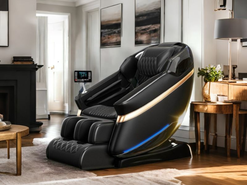 Modern massage chair in a stylish living room setting.