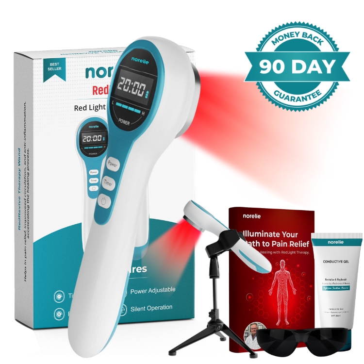 Red light therapy device with accessories and packaging, featuring a 90-day guarantee badge.