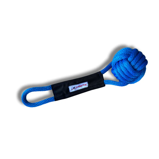 Blue rope toy with a knotted ball and handle.