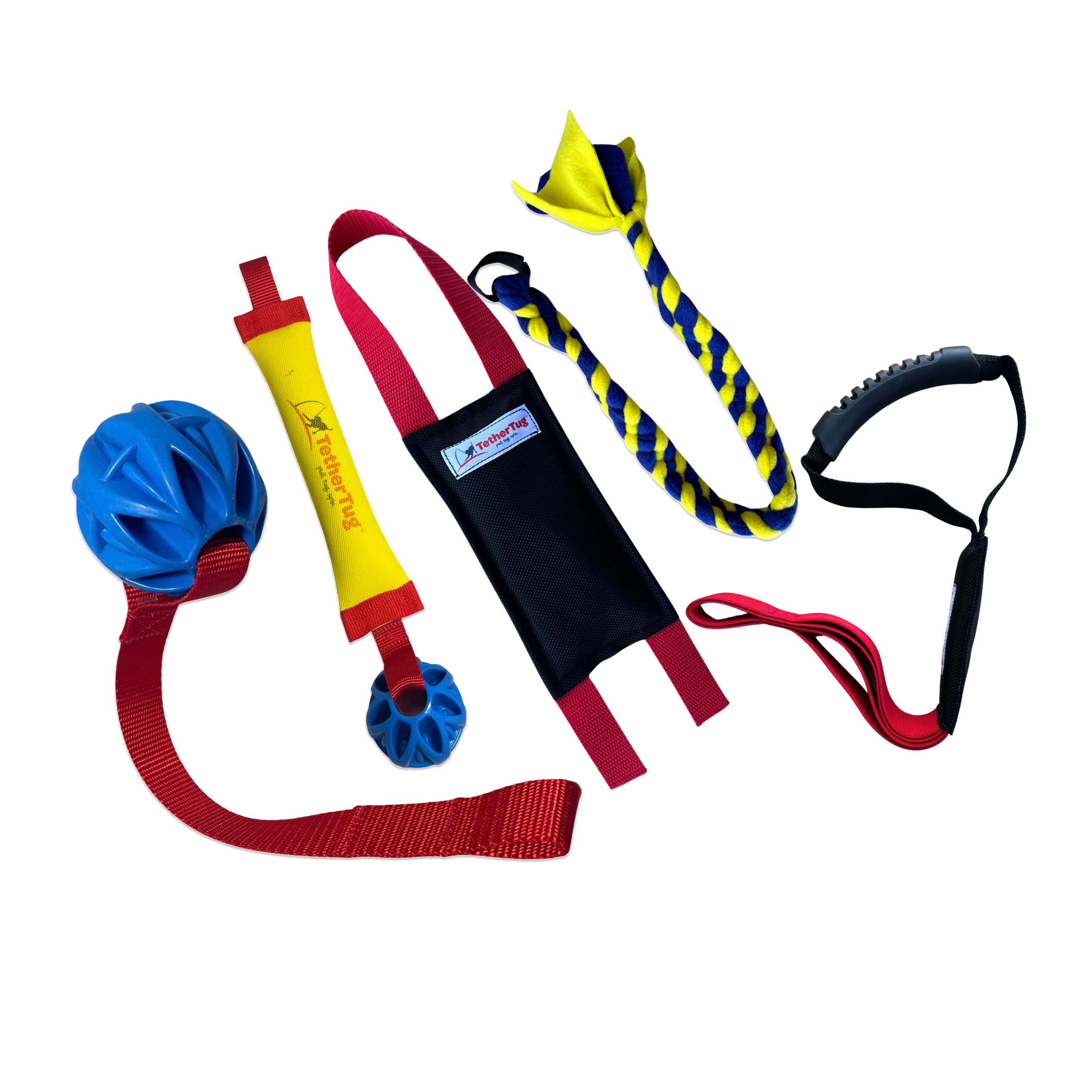 Various colorful dog tug toys including ropes, balls, and handles.