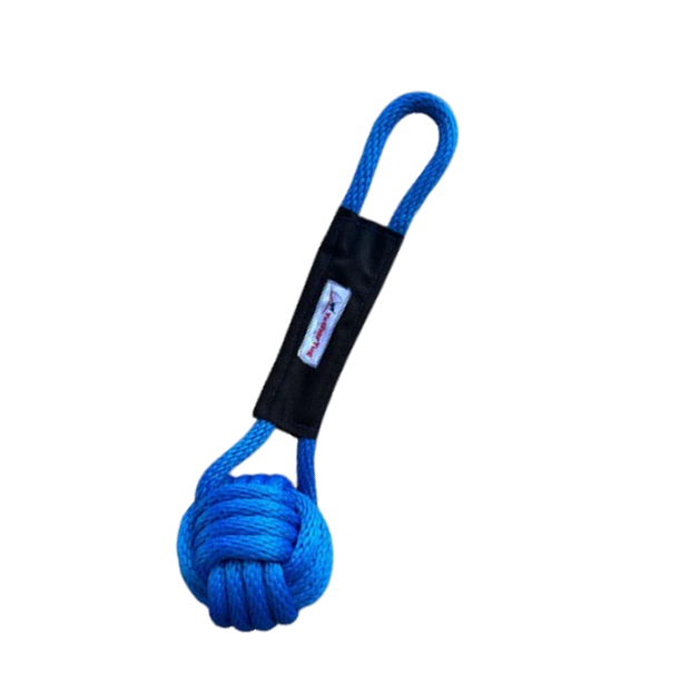 Blue rope toy with a loop and knot.