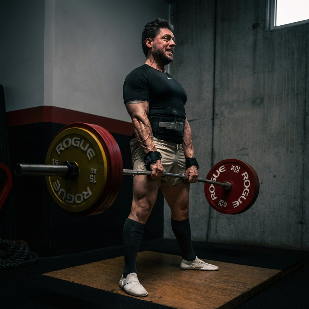 A muscular man in a gym strains while lifting a heavy barbell from the floor.