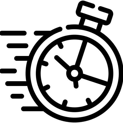 A black line icon of a stopwatch with motion lines to its left, indicating speed.