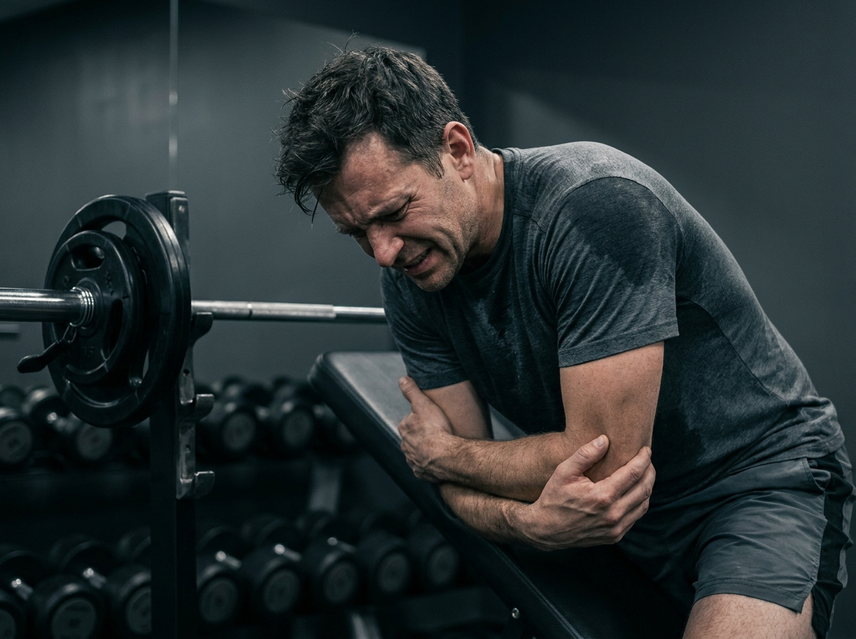 A man in a gym sits on a bench, holding his elbow with a pained expression.
