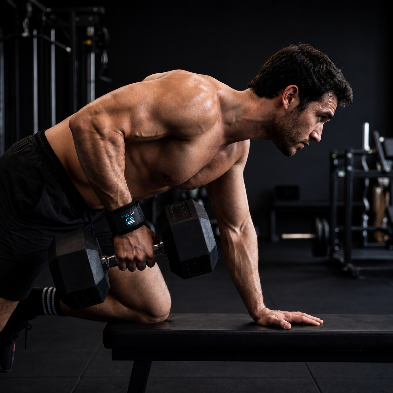 A muscular man wearing a wrist wrap performs a dumbbell row on a bench in a gym.