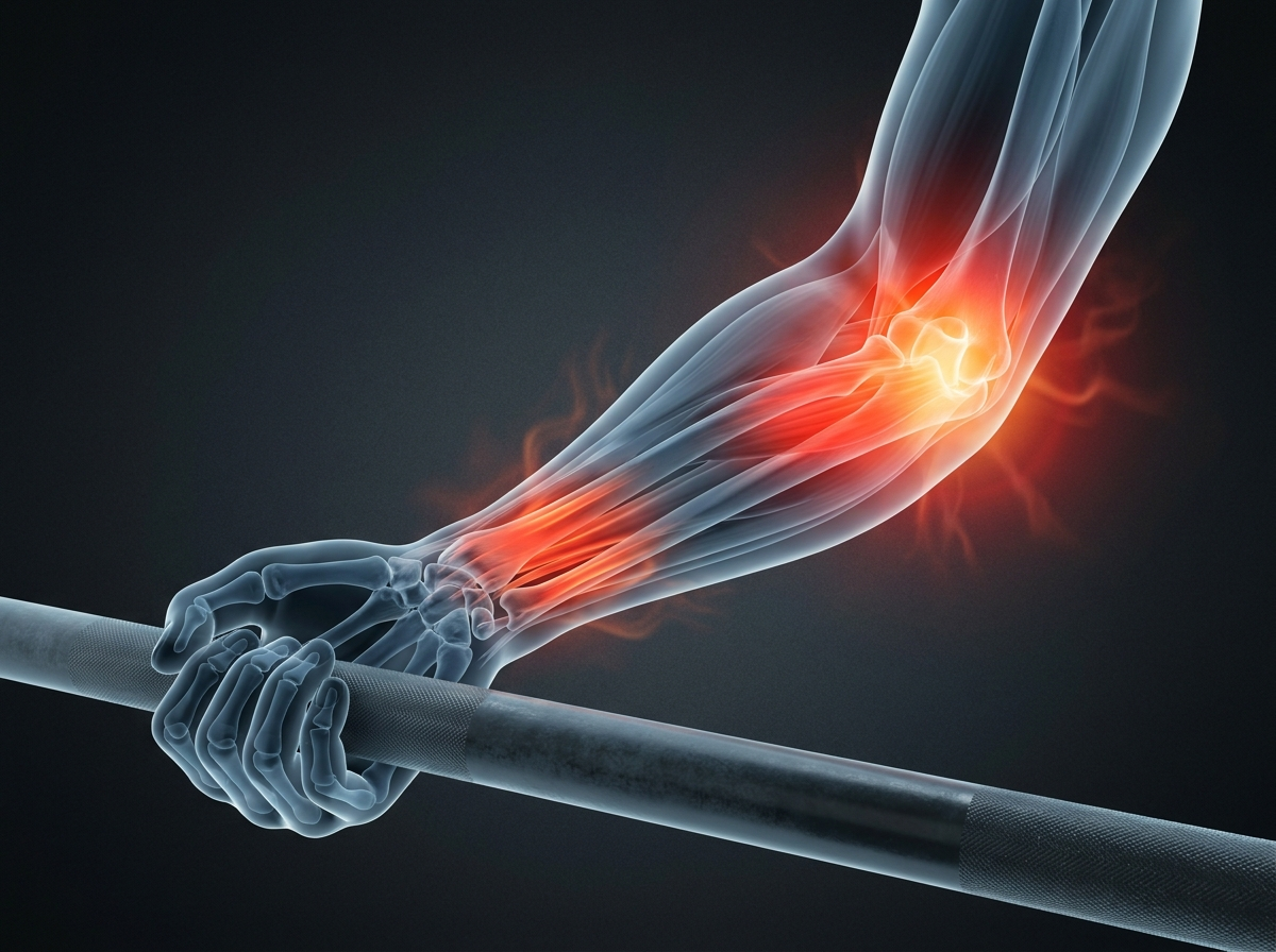An anatomical illustration of an arm holding a barbell, with red areas indicating pain in the wrist and elbow.