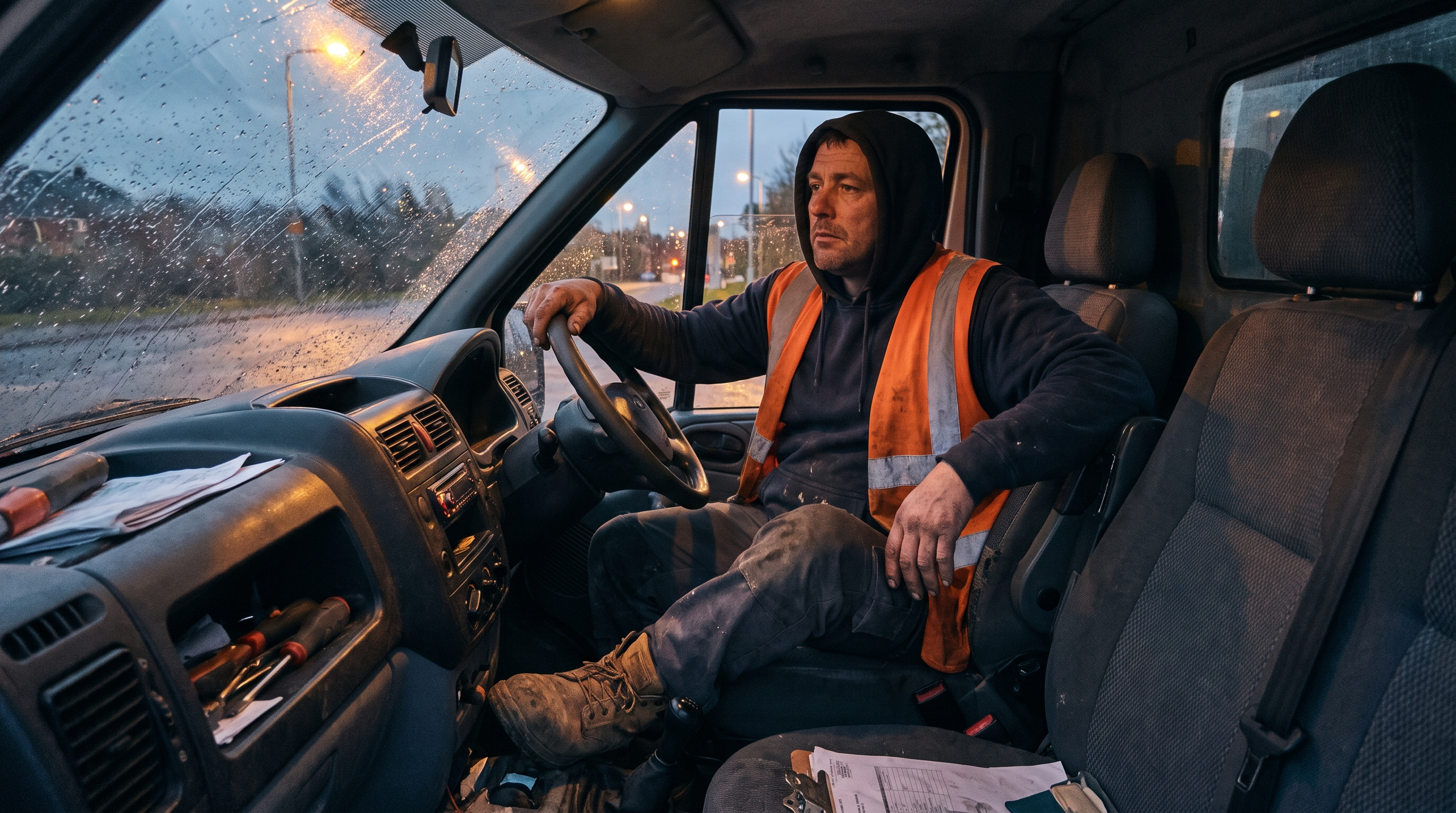 A man in a work vest and hoodie sits behind the wheel of a van on a rainy day.