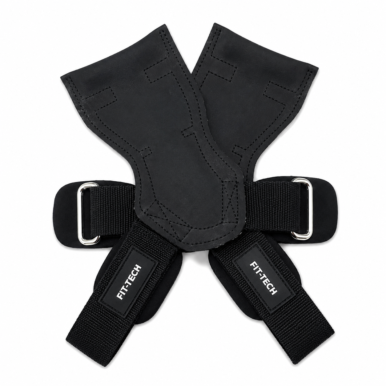 A pair of black Fit-Tech weightlifting grips with wrist straps, crossed over each other on a white background.