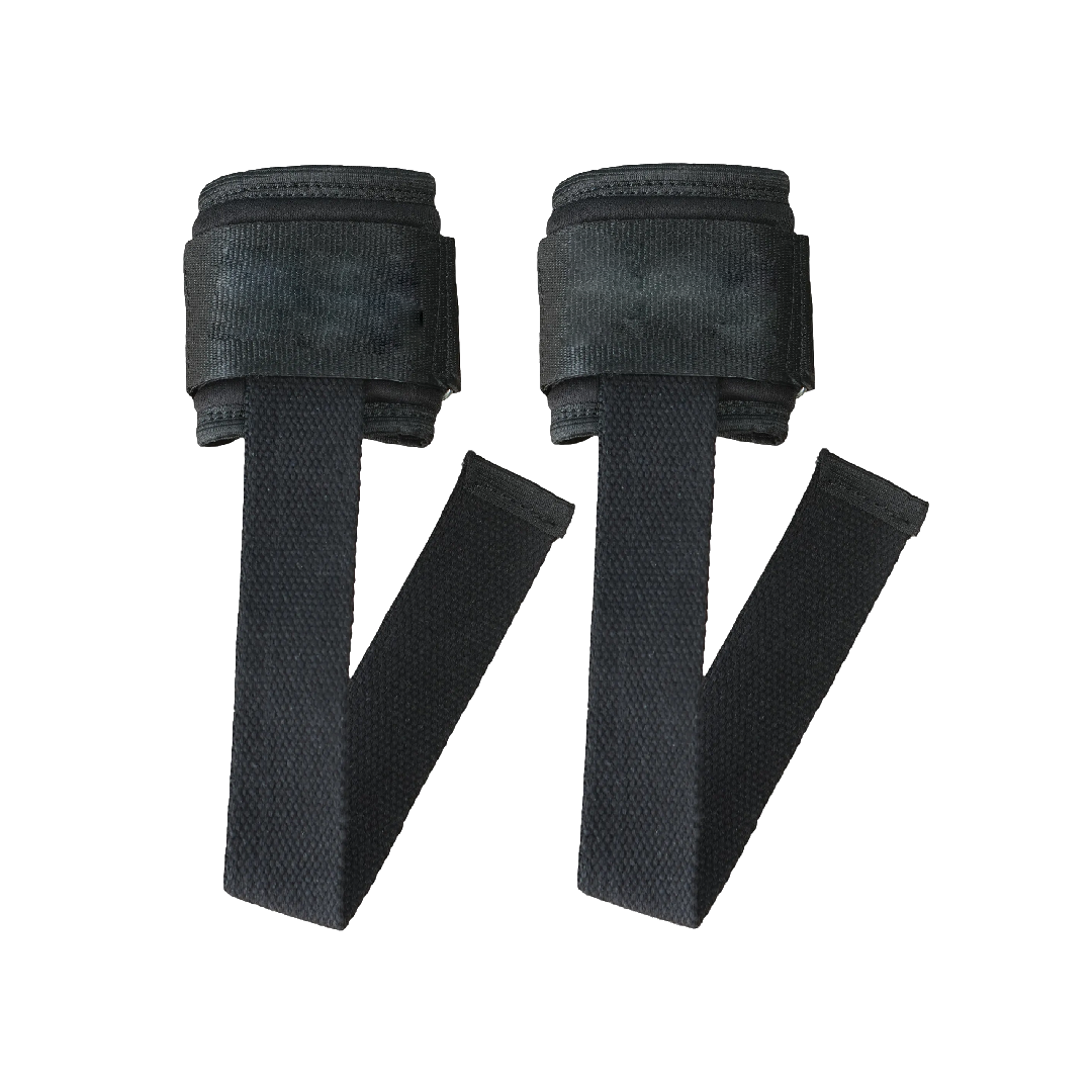 A pair of black woven weightlifting straps with wrist cuffs on a white background.